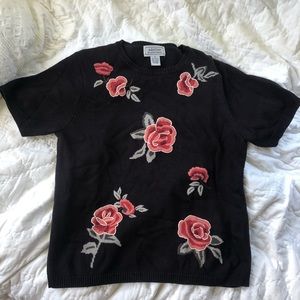 VINTAGE rose embroidered short sleeve sweater